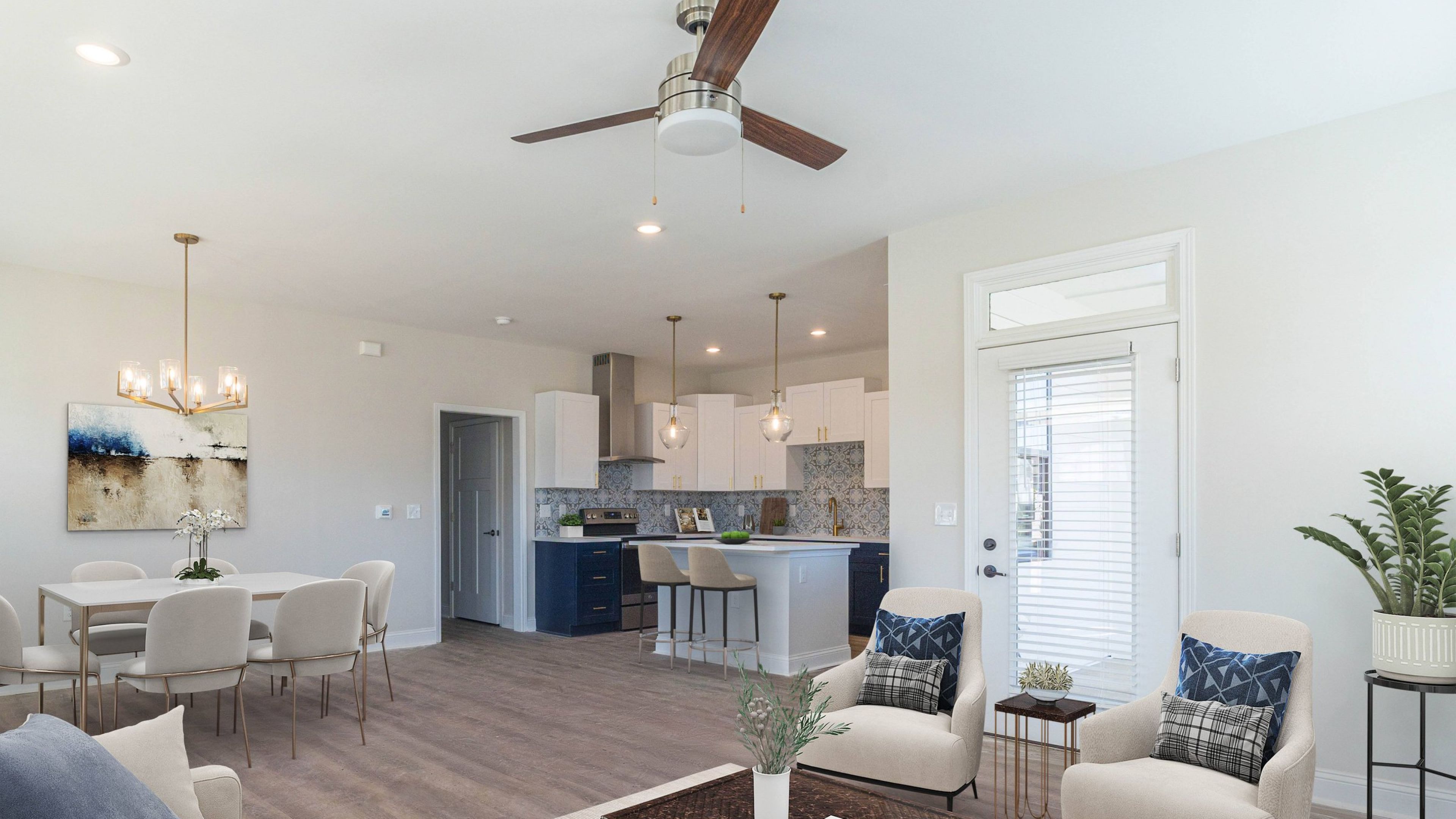 Hawthorne Cottages at Leland home living space and kitchen with open concept layout and beautiful finishes
